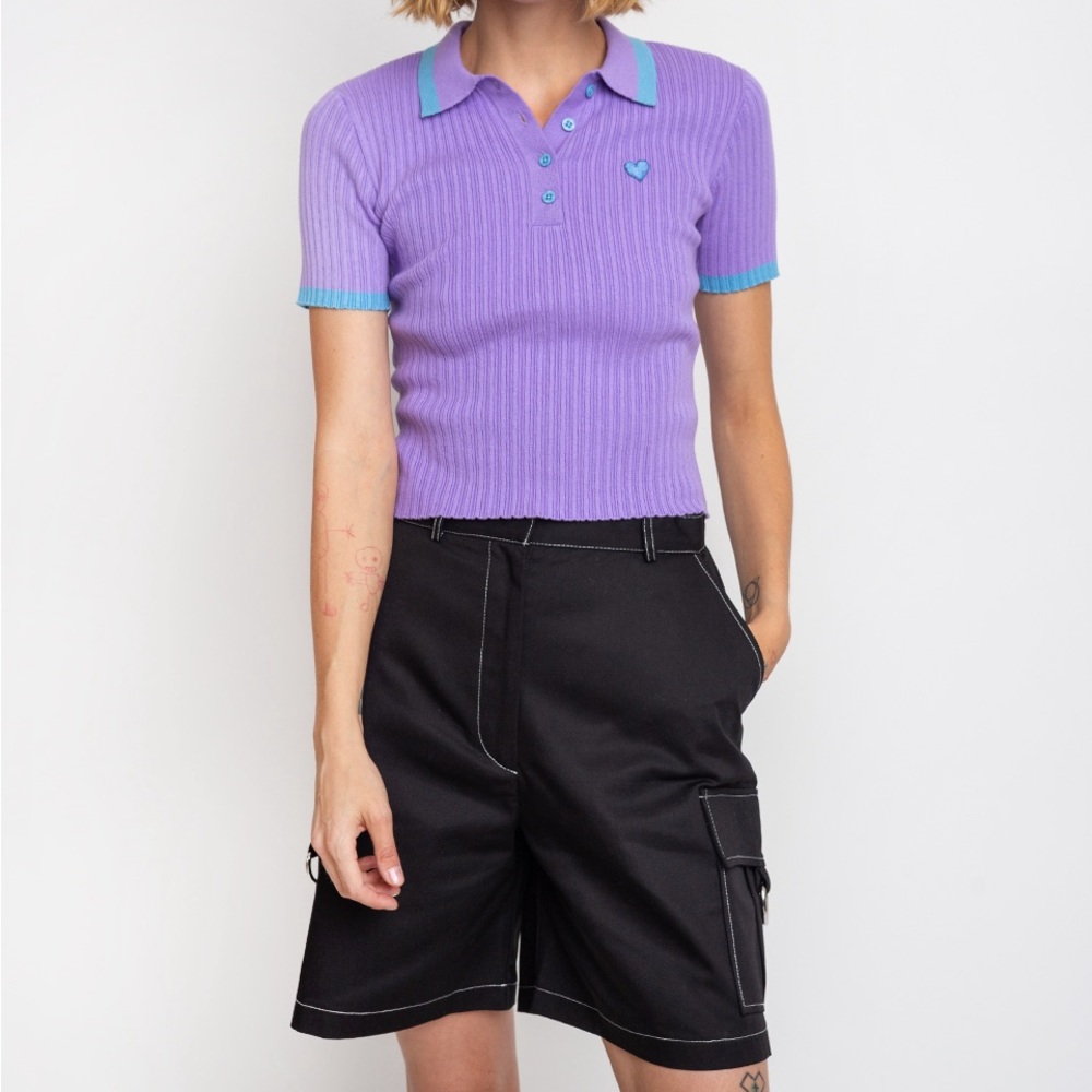 Lazy Oaf Sz US 2/XS Tiny Heart Polo Ribbed Knit Stretch Cotton Purple Cropped